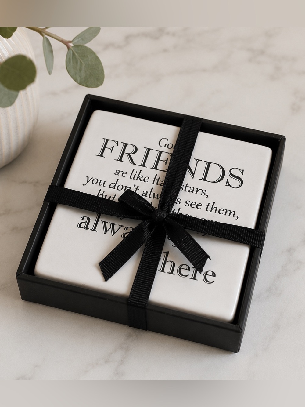 Set of 4 Friendship White Ceramic Friends Coasters with Black Script - Picture 2 of 4
